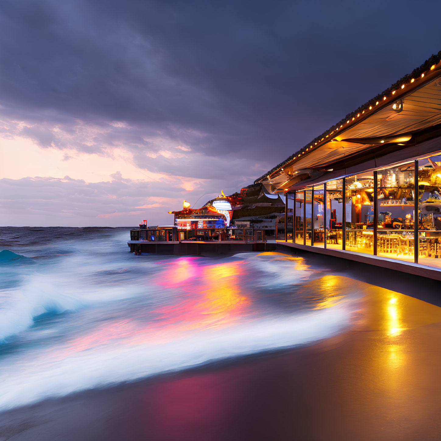 Coastal restaurant at twilight with illuminated interiors and string lights reflecting on wet shore.