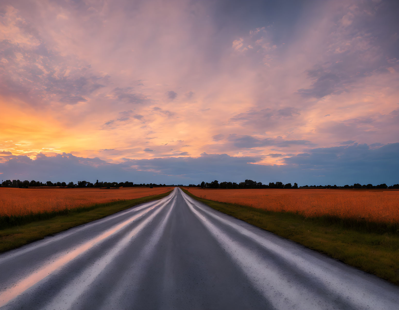 Straight Road Through Golden Fields at Sunset