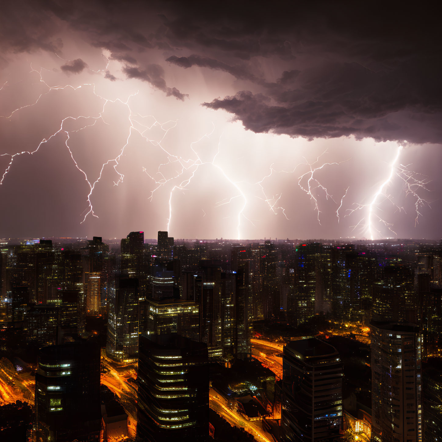 Cityscape Night Scene with Lightning Strikes illuminating Skyscrapers