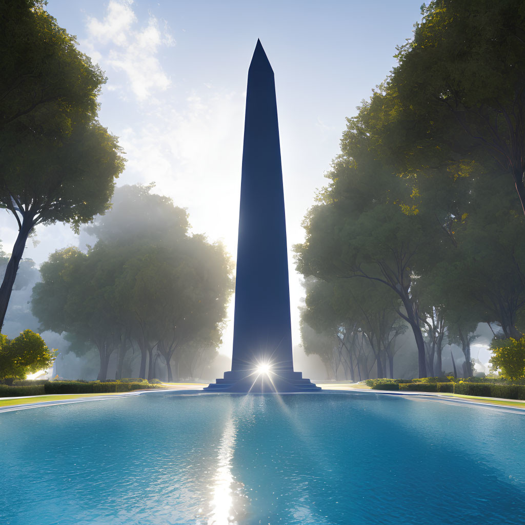 Dark Obelisk Surrounded by Trees, Sunburst, and Blue Pool