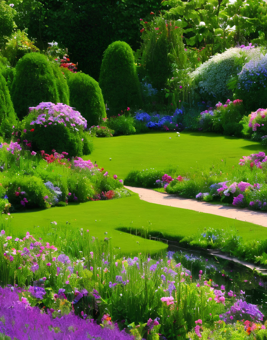 Vibrant flowers, manicured bushes, and winding path in sunny garden