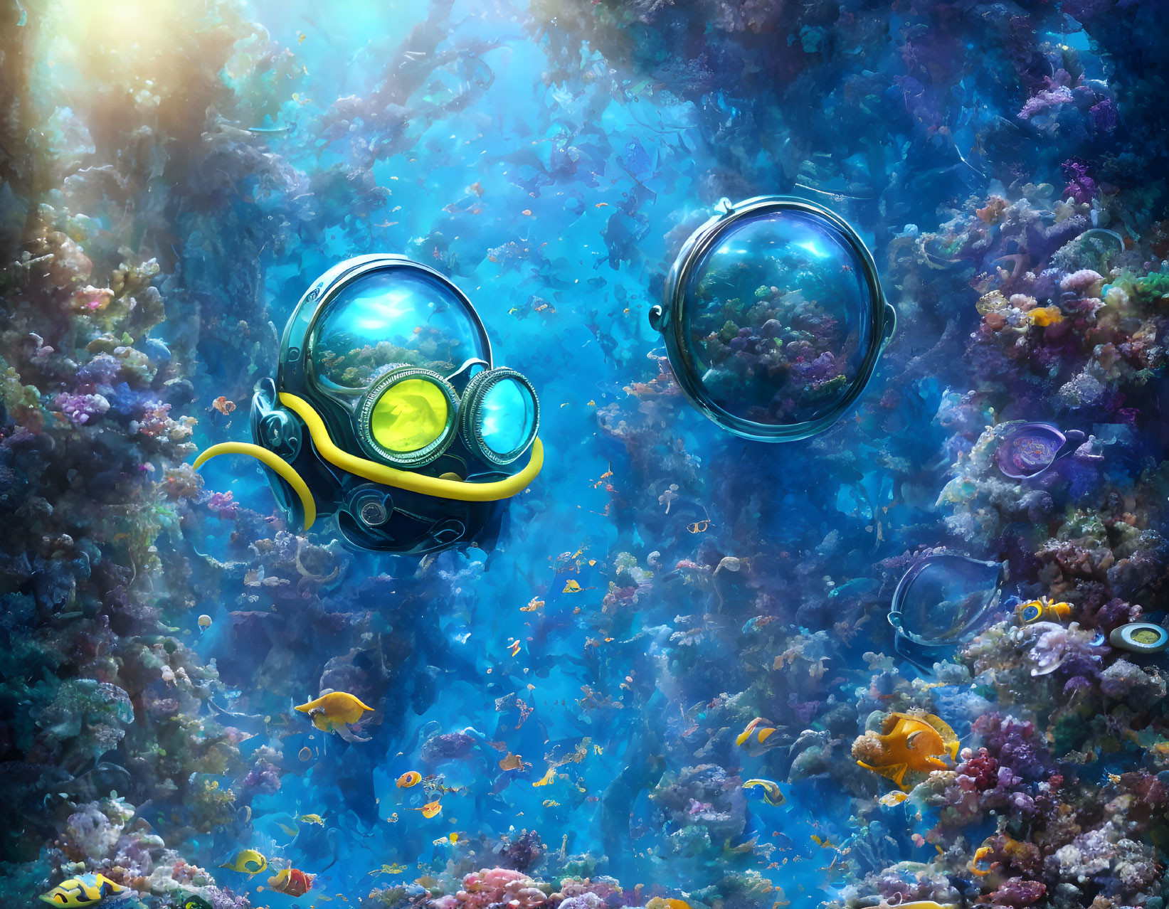 Colorful Underwater Scene with Yellow Submarine and Coral Reefs