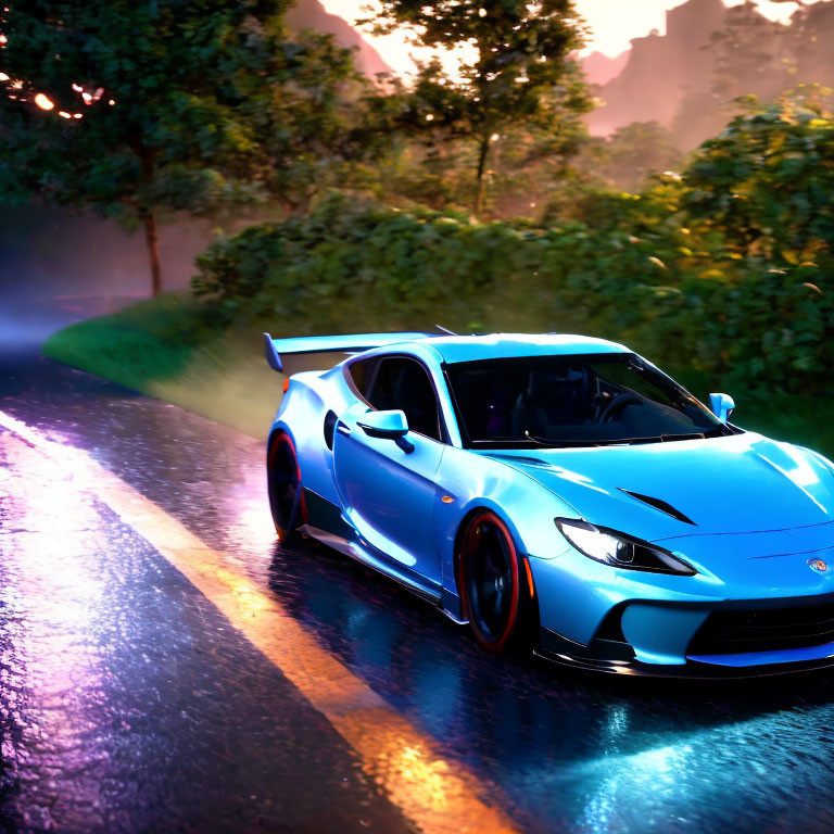 Blue sports car driving on wet road through lush greenery at sunset