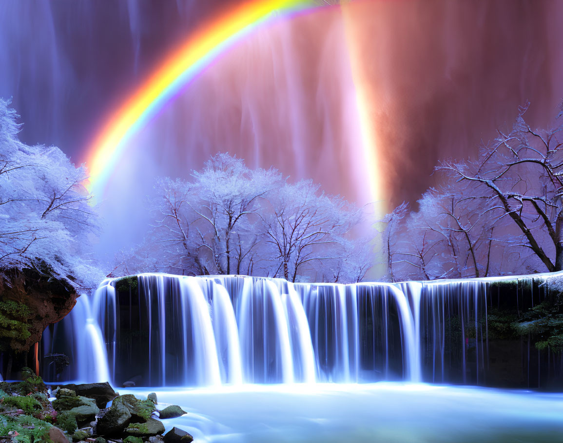 Vibrant rainbow over illuminated waterfall and white trees at twilight