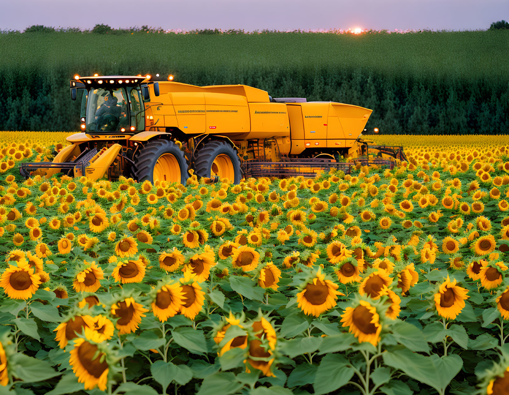 Yellow combine harvester harvesting sunflowers at sunset.