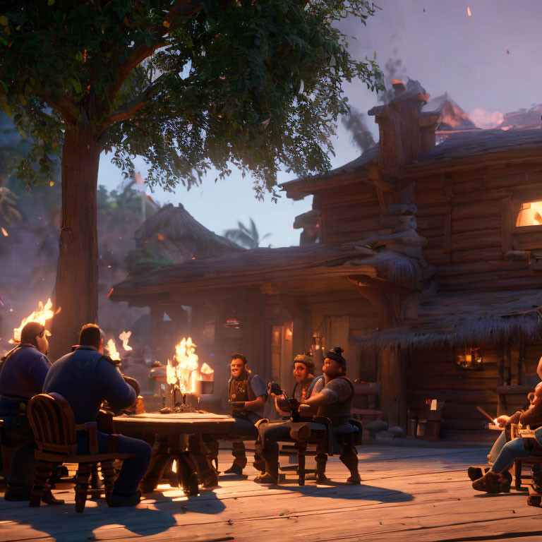 Animated Characters at Wooden Table Outside Rustic Tavern at Dusk