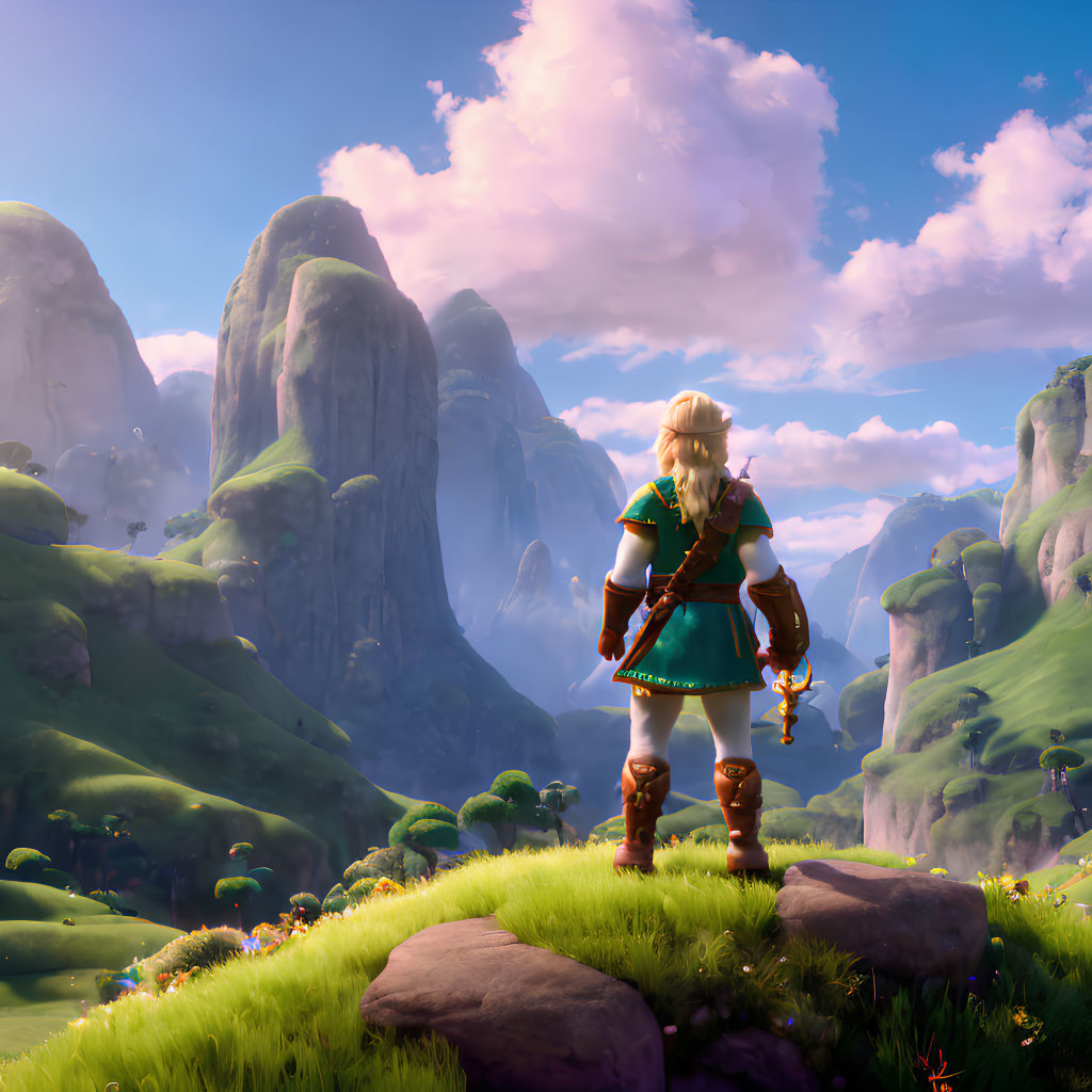 Blond character in green attire gazes at rock formations on grassy terrain