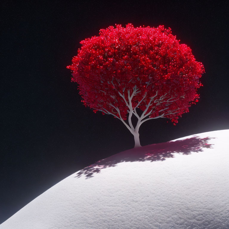 Vibrant red tree on curved white landscape under starry sky