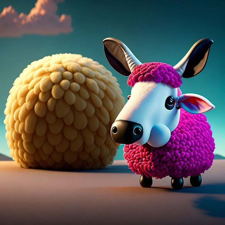 Vibrant 3D illustration of pink sheep and golden ball under blue sky