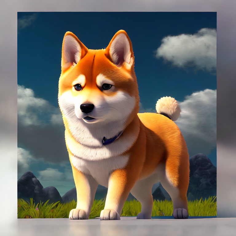 Digital illustration of Shiba Inu dog in grassy field with blue sky