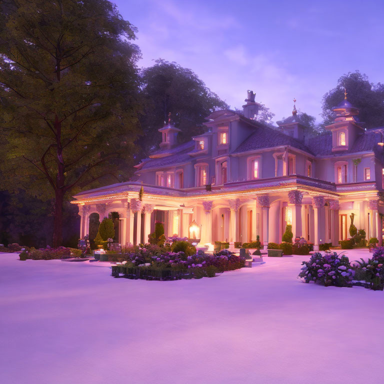 Luxurious estate at twilight with illuminated facade and serene misty gardens.