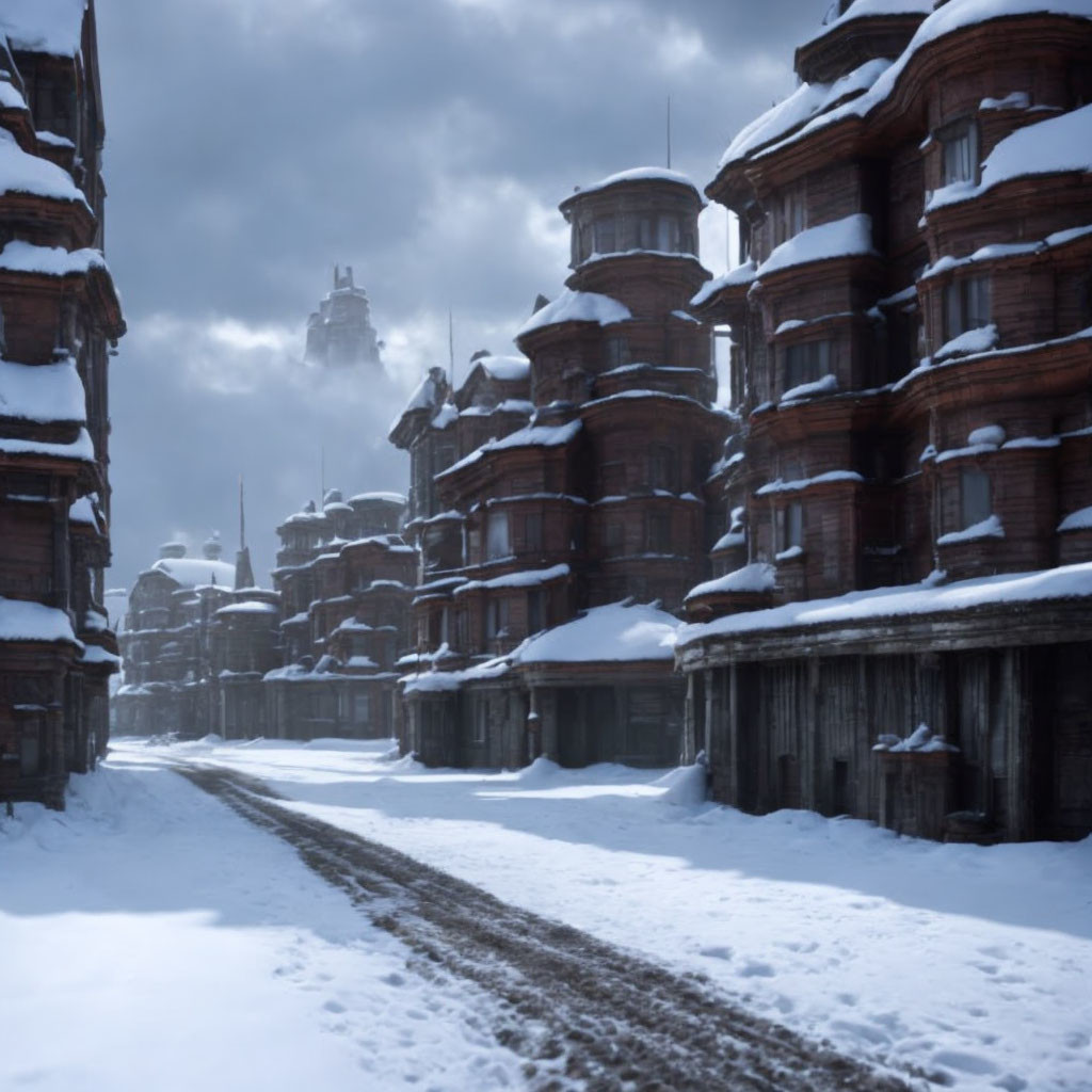 Snowy Street Scene with Old-fashioned Buildings and Tire Tracks