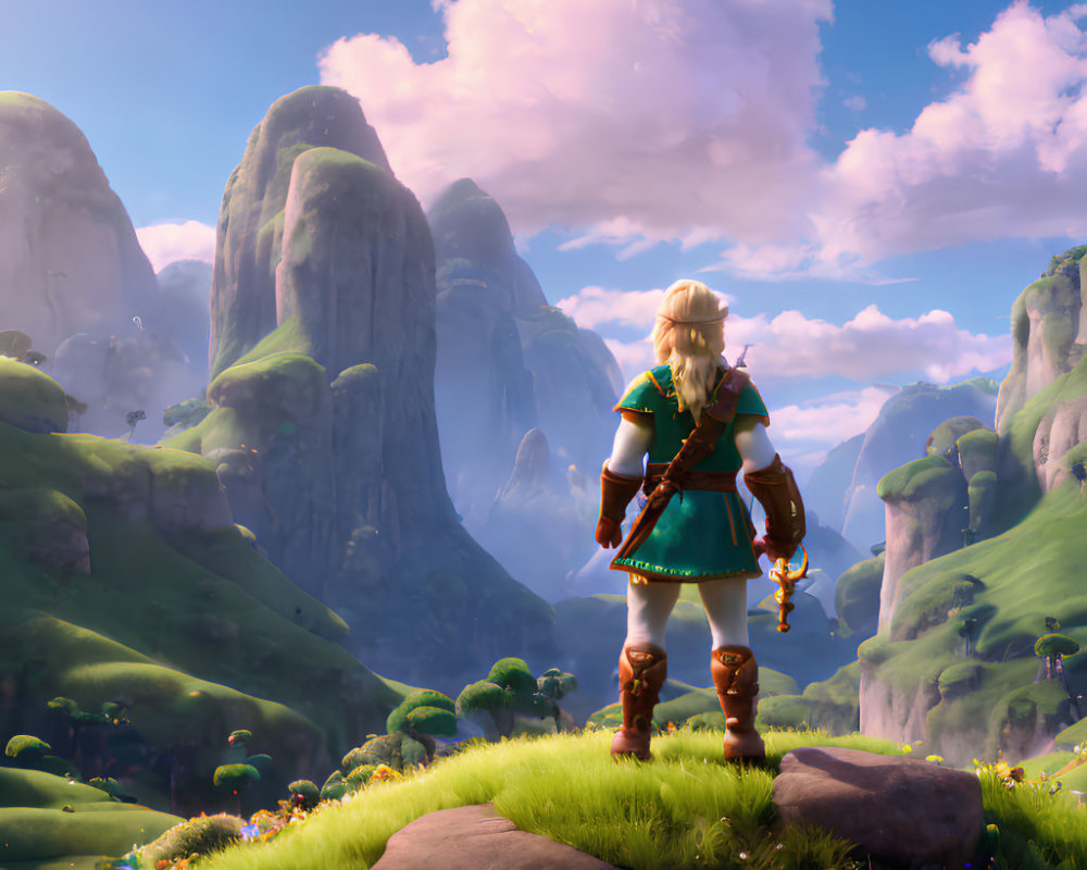 Blond character in green attire gazes at rock formations on grassy terrain