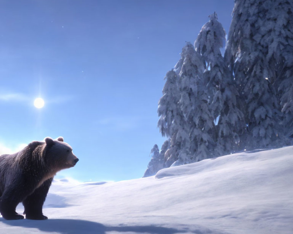 Bear in Snowy Landscape with Sunlit Evergreen Trees