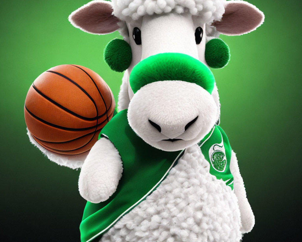 Cartoon sheep in green basketball jersey spinning ball on hoof