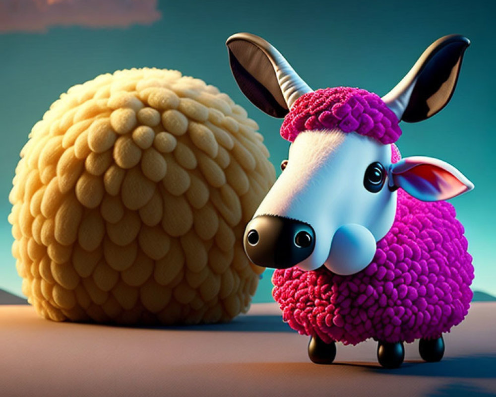 Vibrant 3D illustration of pink sheep and golden ball under blue sky