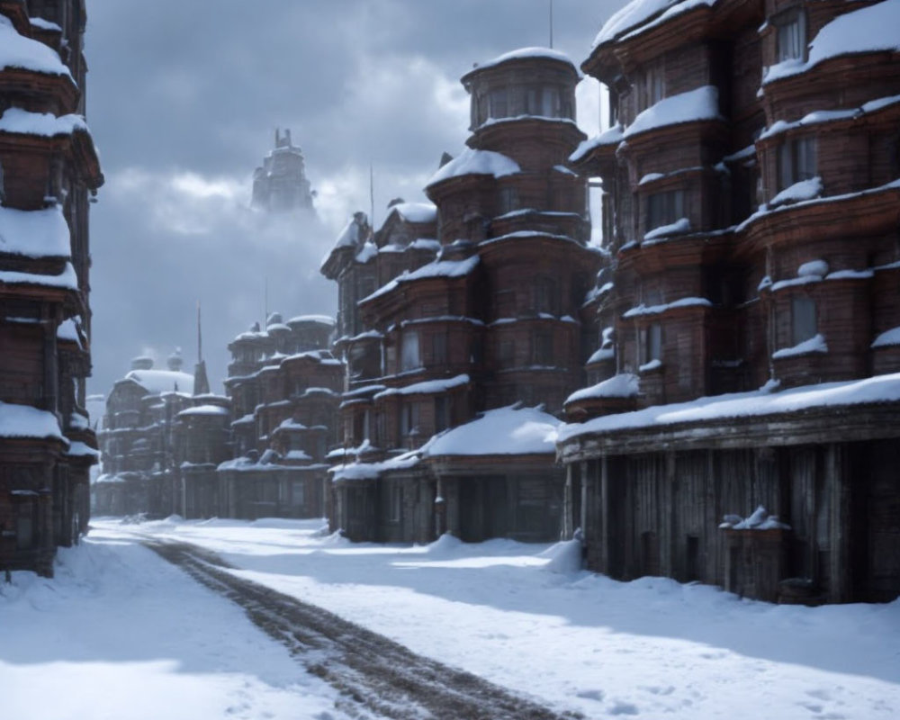 Snowy Street Scene with Old-fashioned Buildings and Tire Tracks