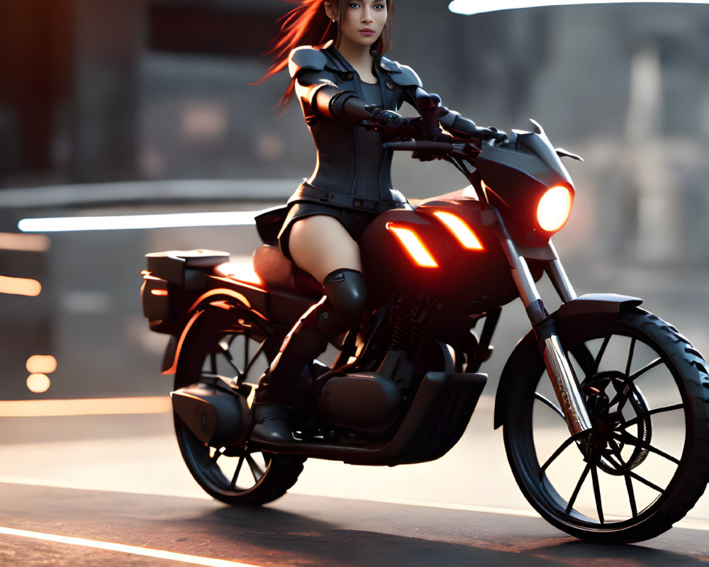 Digital illustration: Red-haired woman on futuristic motorcycle in neon-lit urban street