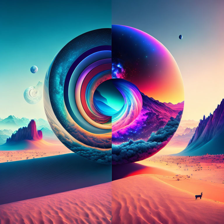 Colorful Swirling Dimensions in Surreal Desert Landscape