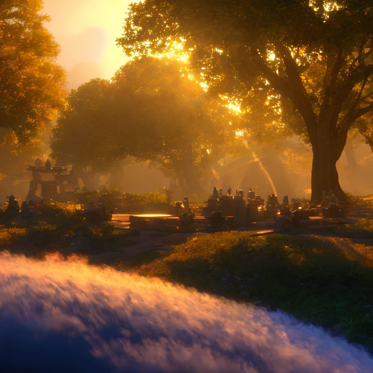 Golden sunlight illuminates serene park with benches and fountain amidst morning mist