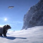 Bear in Snowy Landscape with Sunlit Evergreen Trees