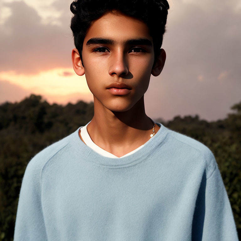 Young man in light blue sweater outdoors at sunset with trees