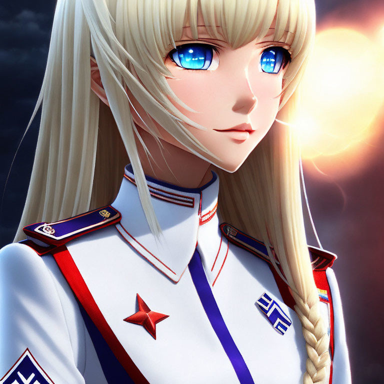 Blonde anime-style girl in white and red military uniform