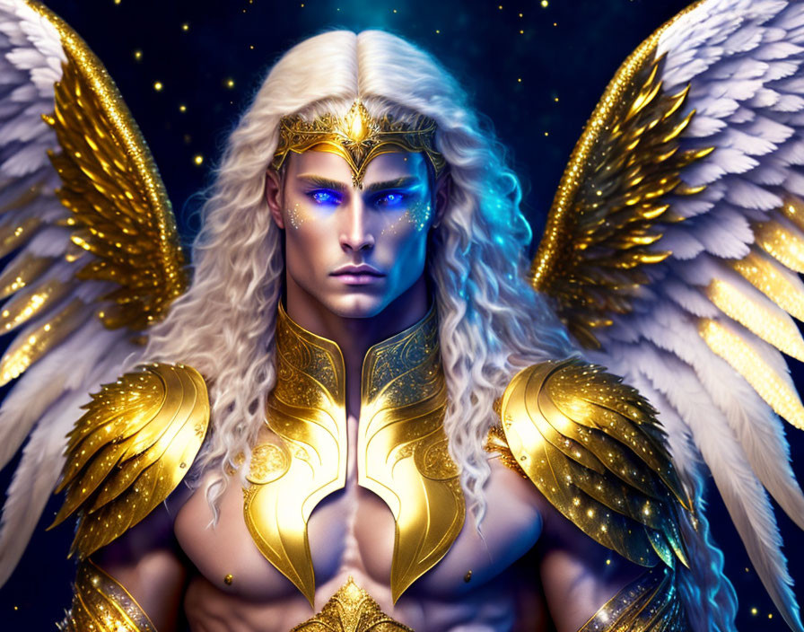 Illustration of angelic figure in gold armor with white hair and wings on starry backdrop