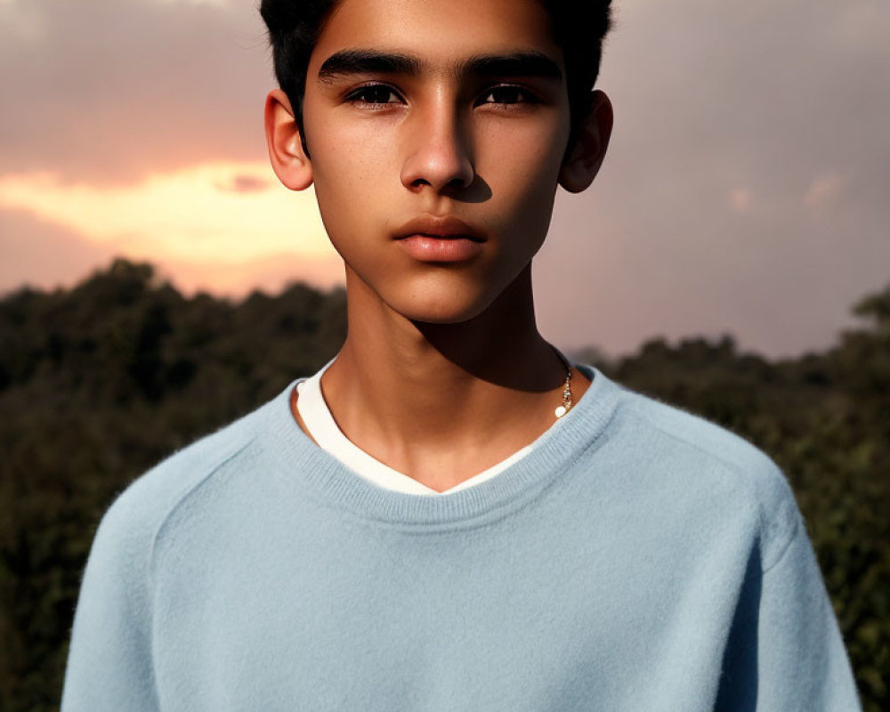 Young man in light blue sweater outdoors at sunset with trees