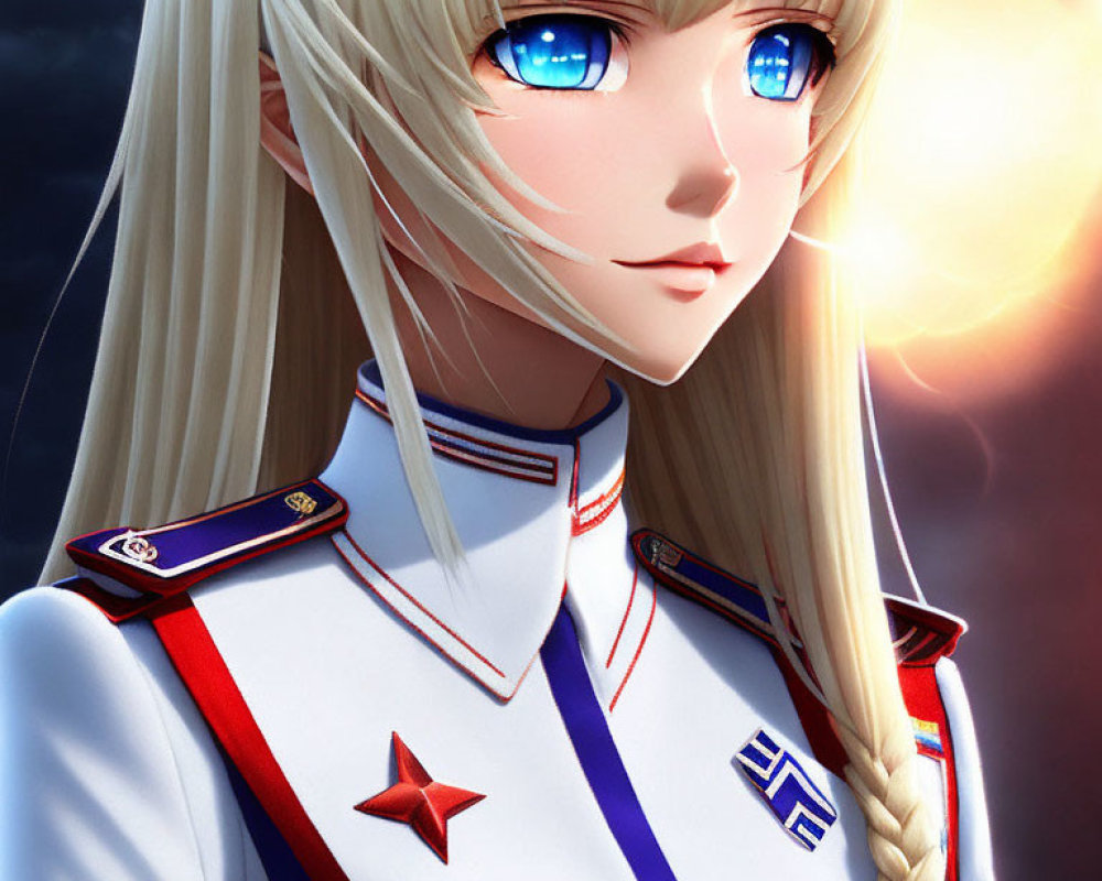 Blonde anime-style girl in white and red military uniform