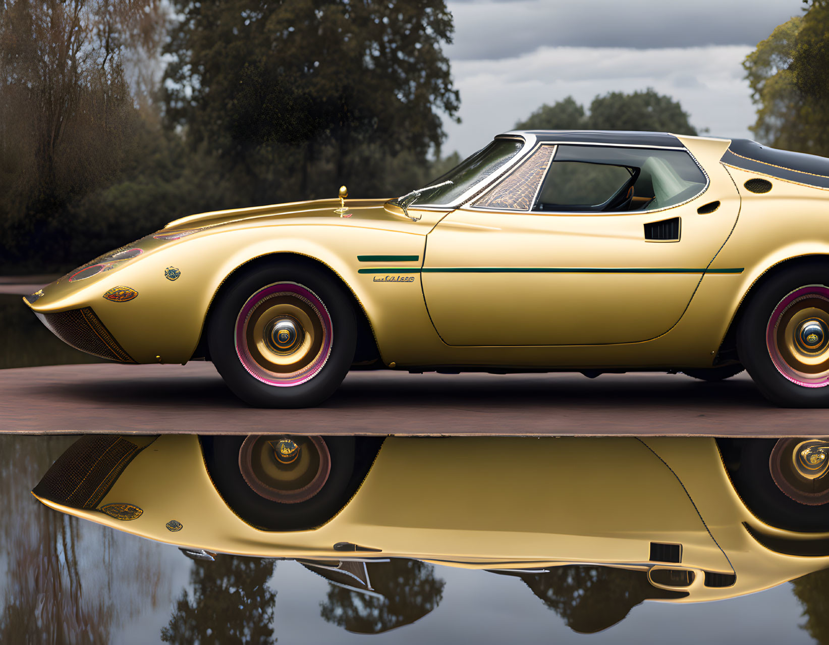 Vintage Golden Sports Car with Green Stripes and Mirrored Reflection in Nature Setting