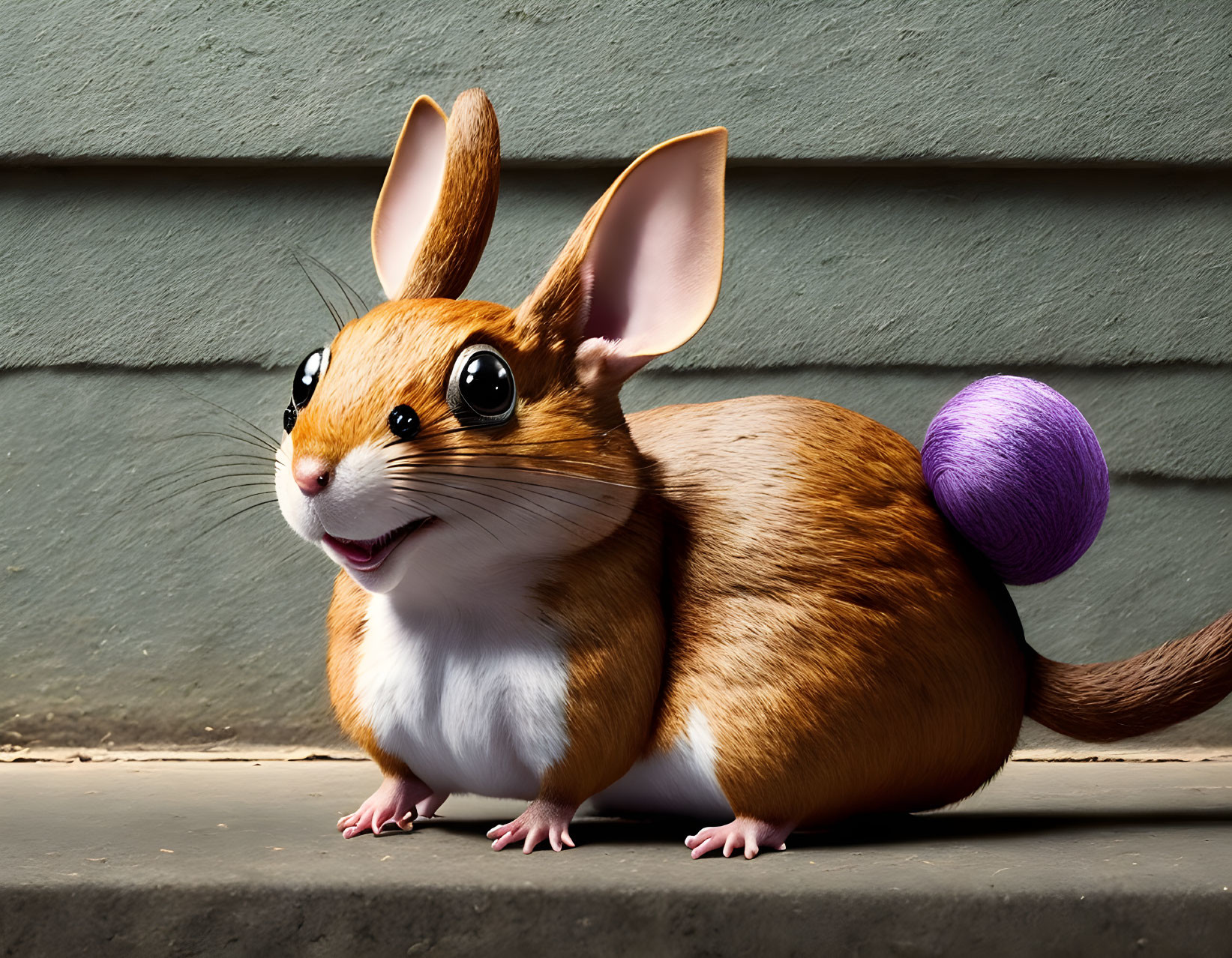 Whimsical creature with hamster body and rabbit ears beside purple ball