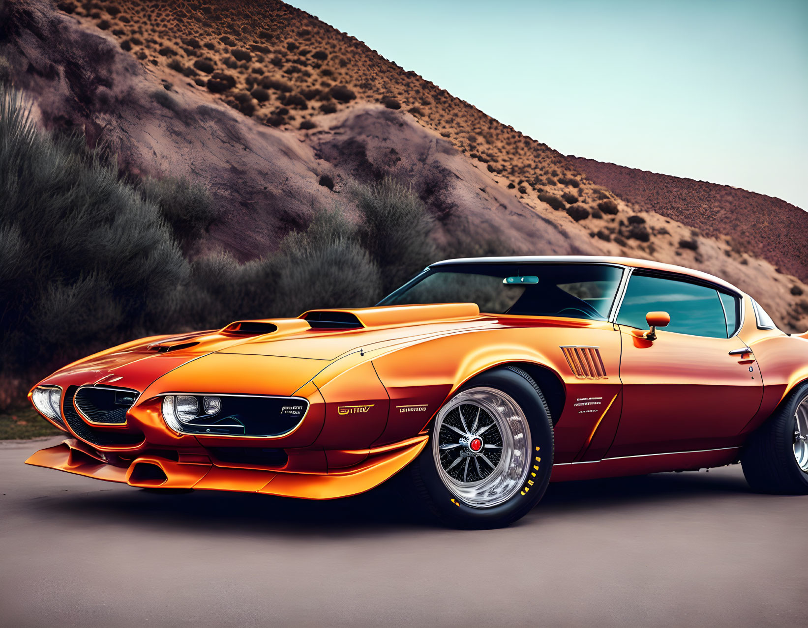 Classic Muscle Car with GT Styling in Desert Dusk Setting