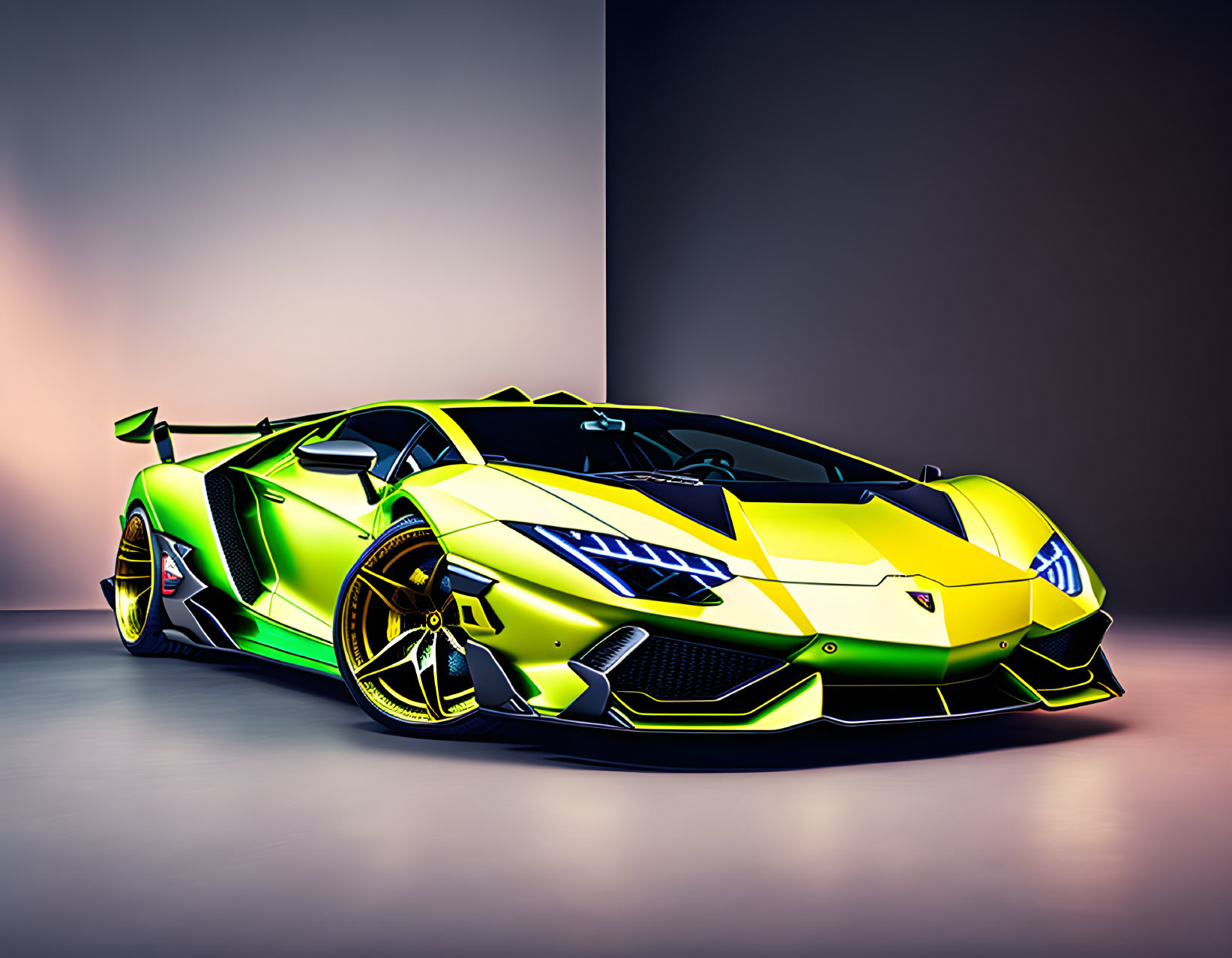 Yellow Lamborghini Aventador with Black Accents in Studio Setting