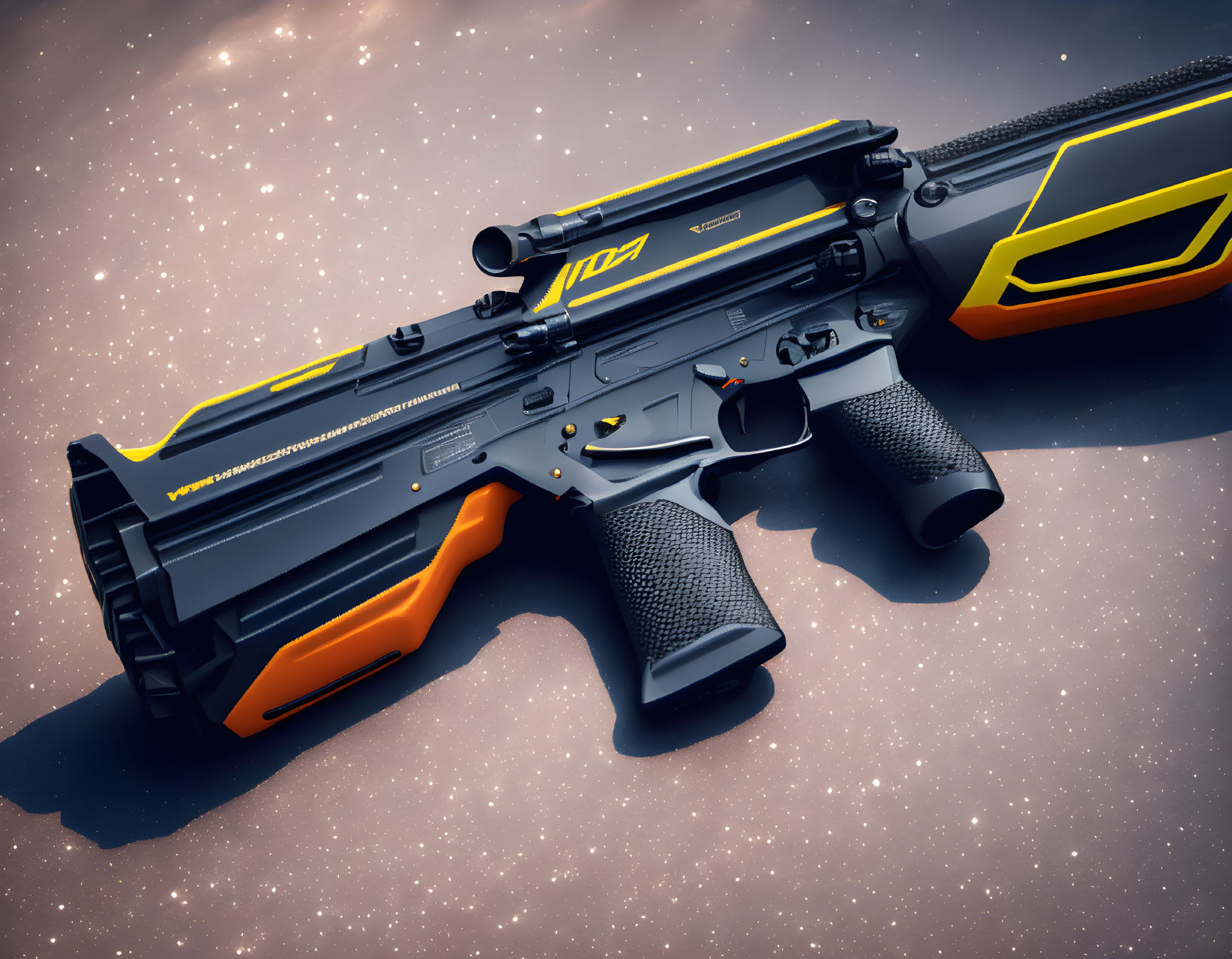 Futuristic black and orange assault rifle with scope and illuminated yellow details