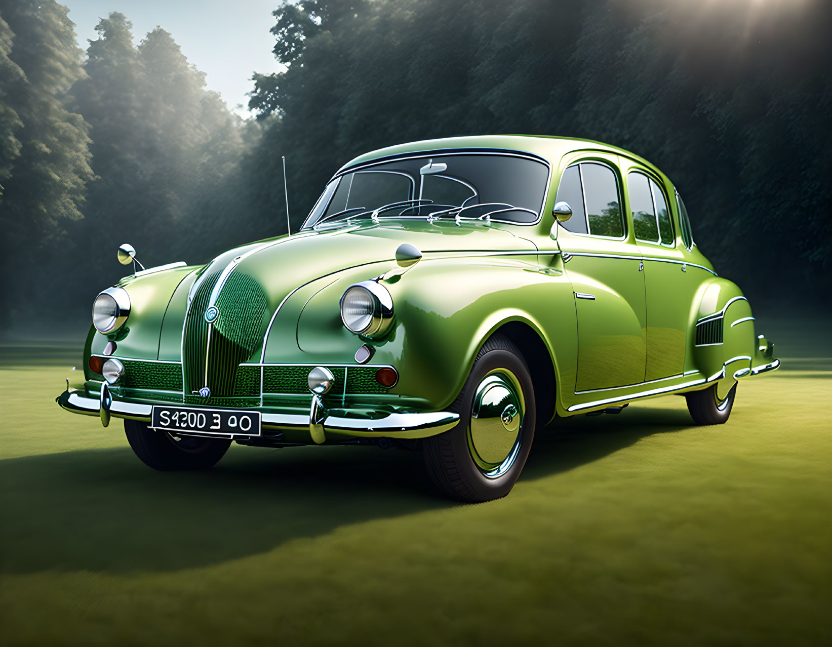 Classic Green Car with Chrome Details Parked on Grass in Sunlit Forest