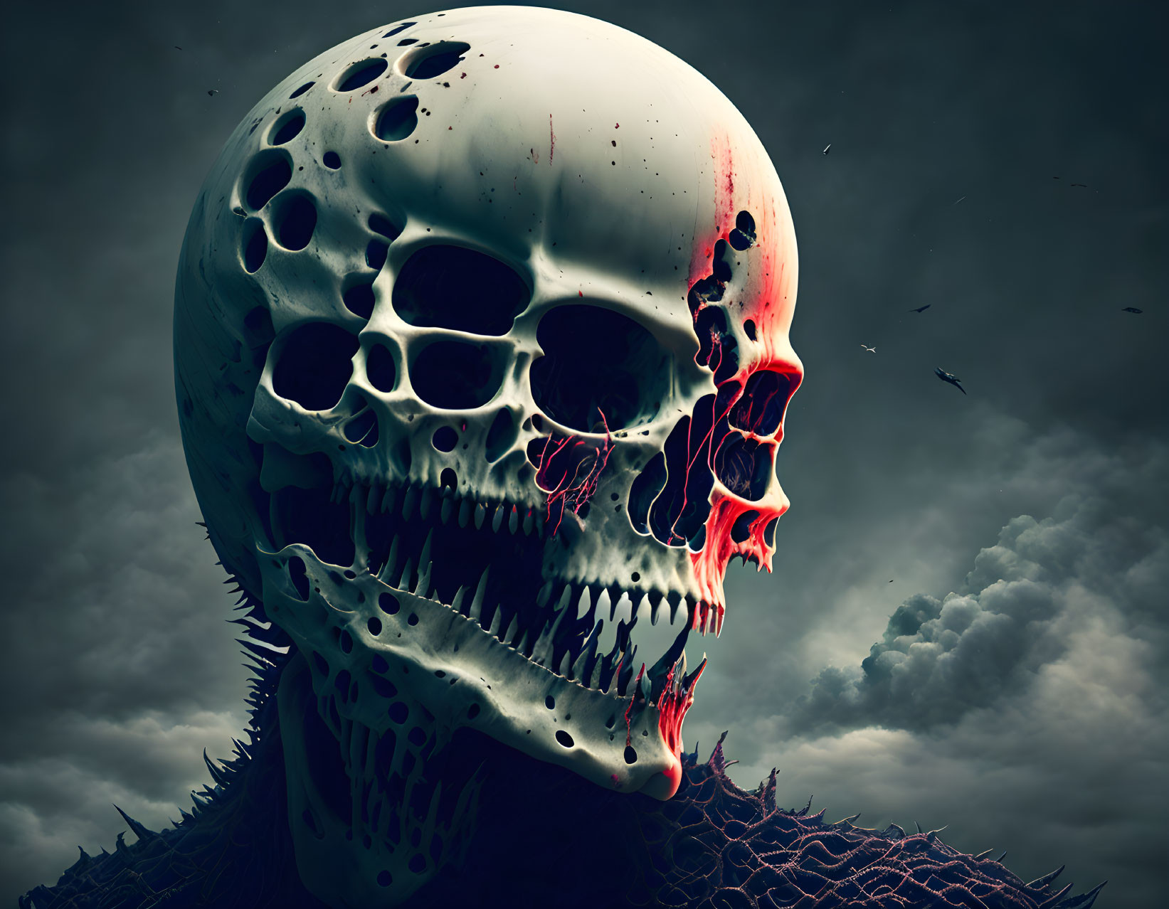 Surreal skull with multiple eye sockets oozing blood under stormy sky