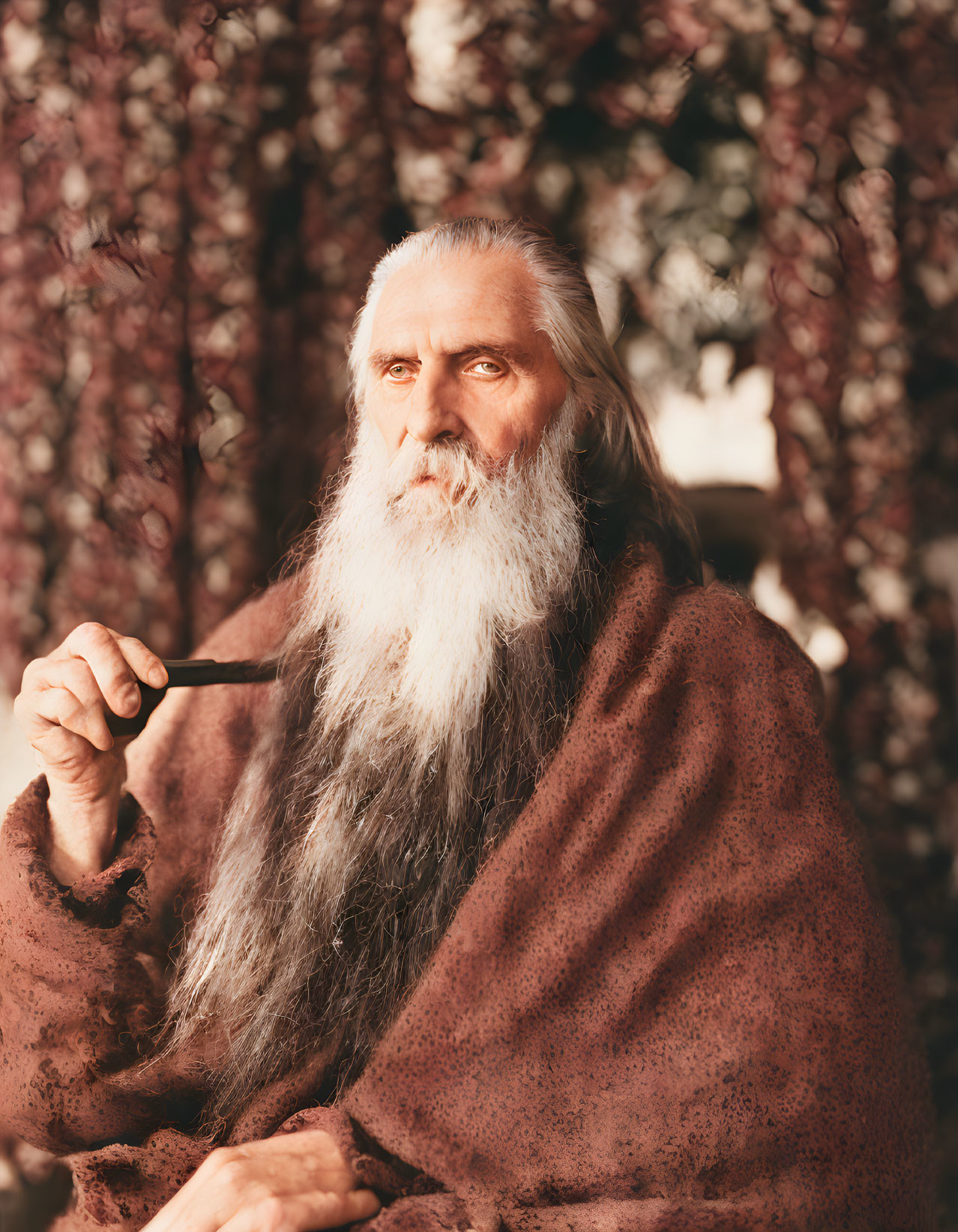 Elderly man with long white beard and pipe in maroon cloak among hanging vines