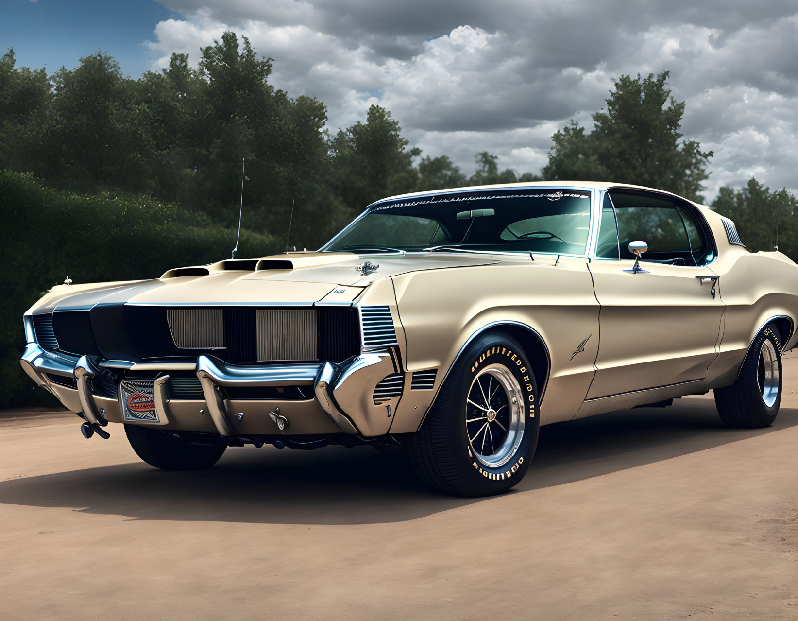 Classic Beige Muscle Car on Dirt Road with Green Trees and Cloudy Sky