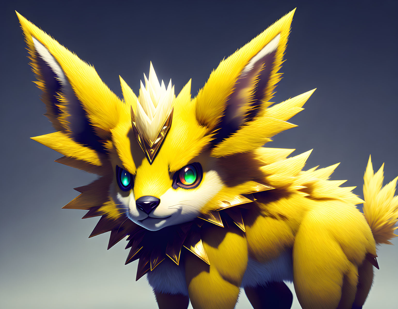 Stylized 3D-rendered fox creature with sharp edges and green eyes