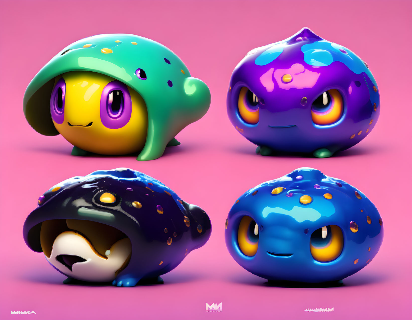 Colorful Stylized Creatures with Big Eyes on Pink Background