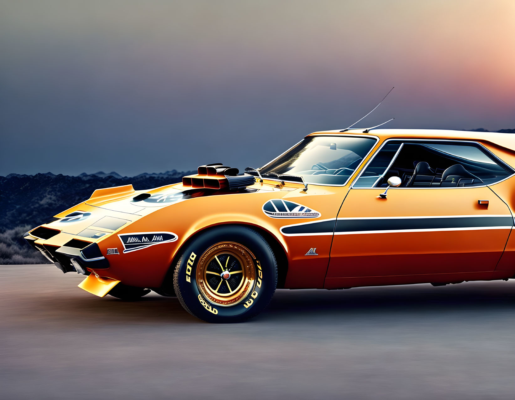 Vintage orange muscle car with black stripes and sporty decals under twilight sky.