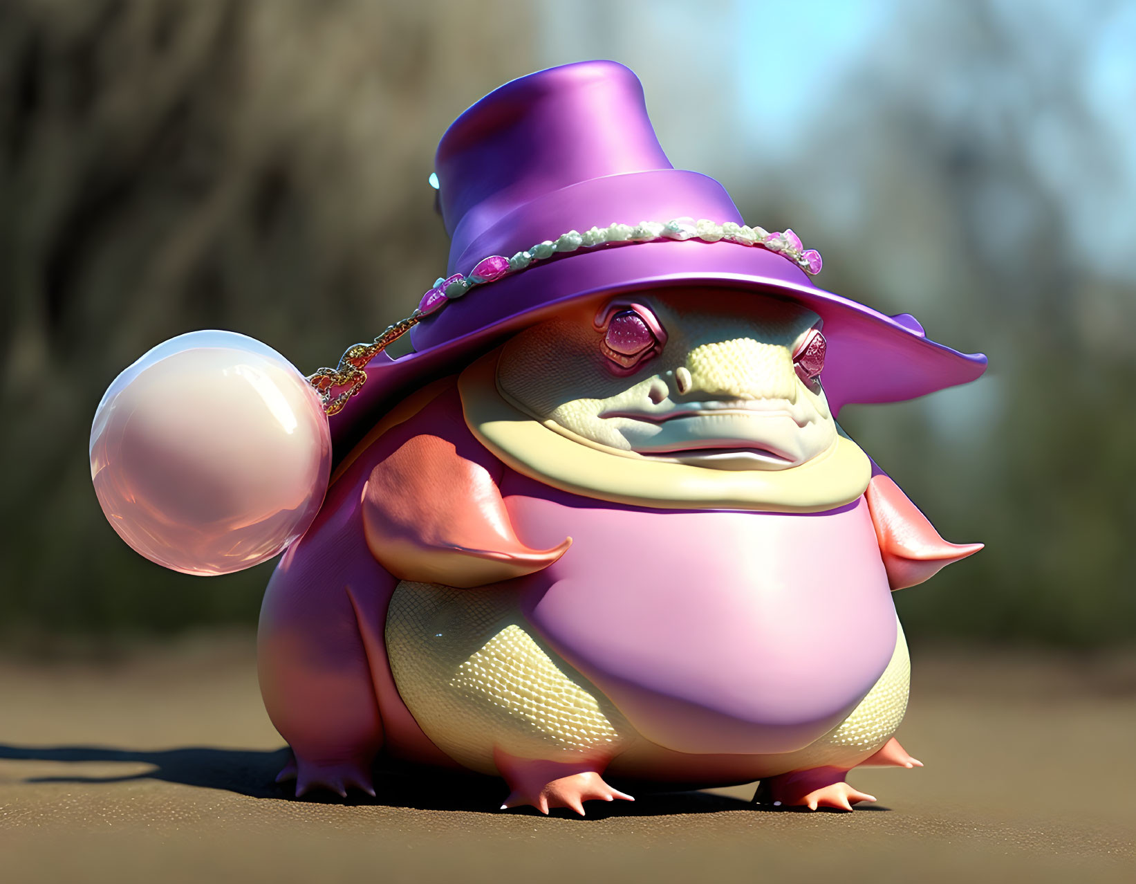 Cartoon Frog in Purple Top Hat Blowing Bubble Outdoors