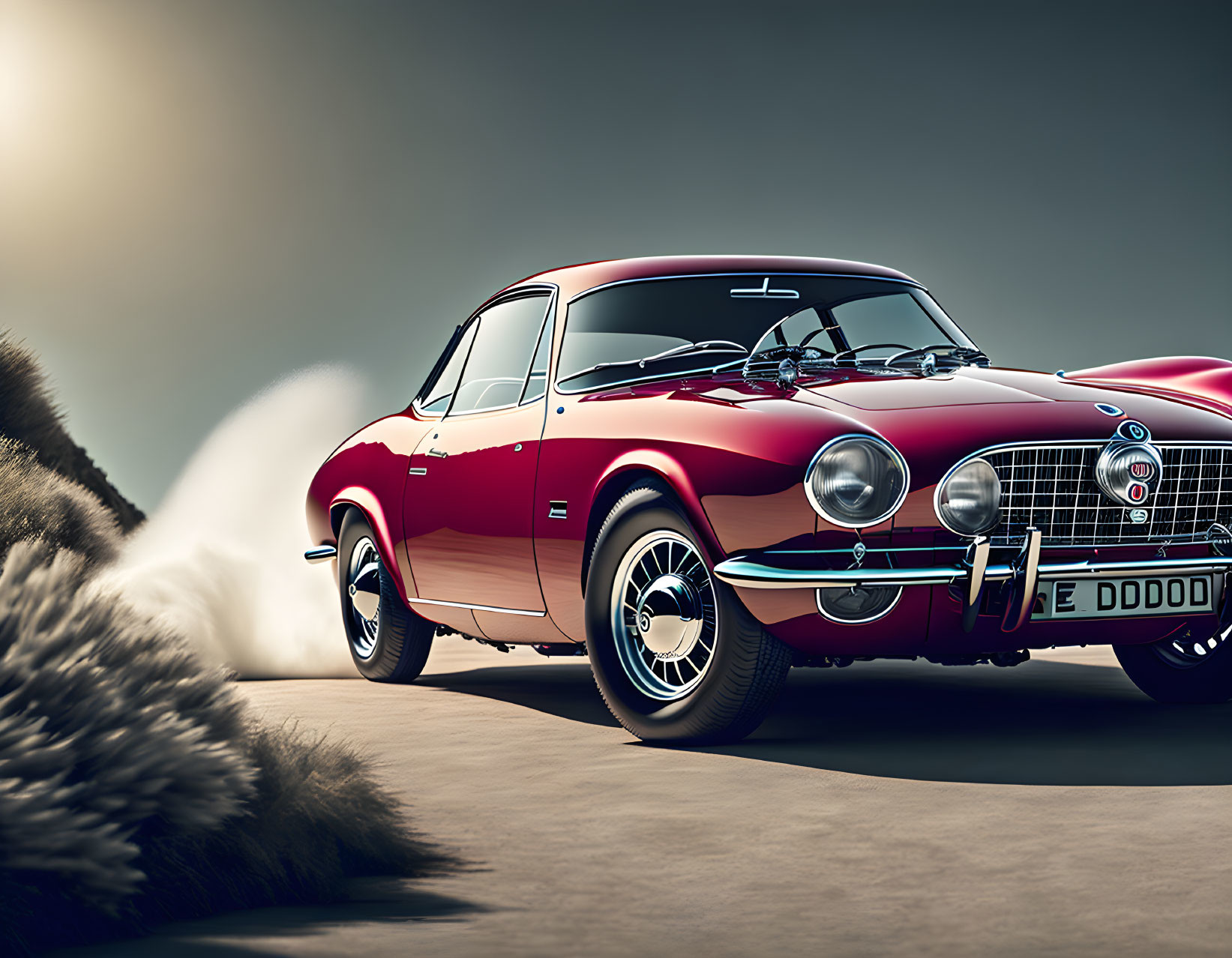 Classic Red and White Car with Chrome Details and Wire Wheels