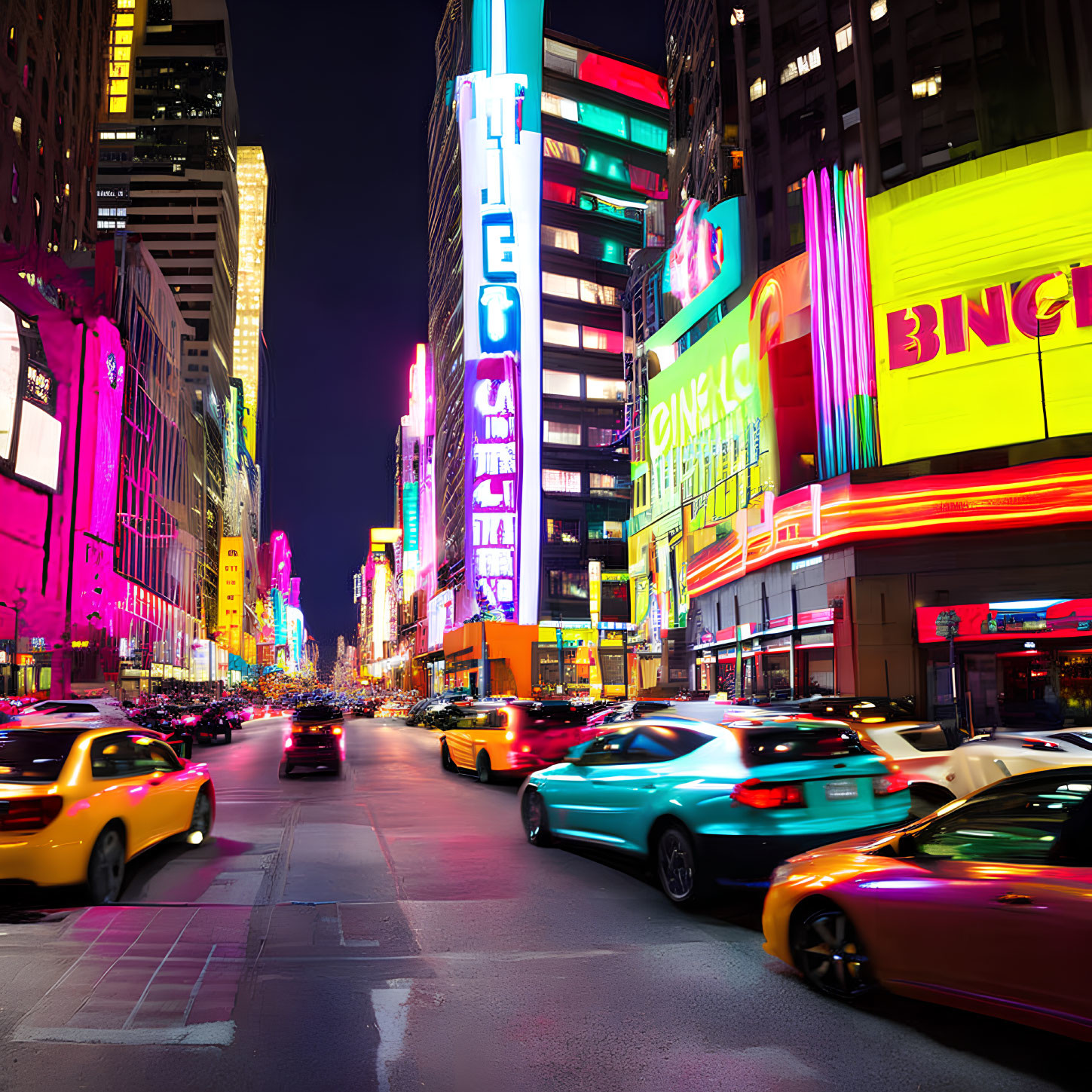 Vibrant neon signs light up busy city street at night