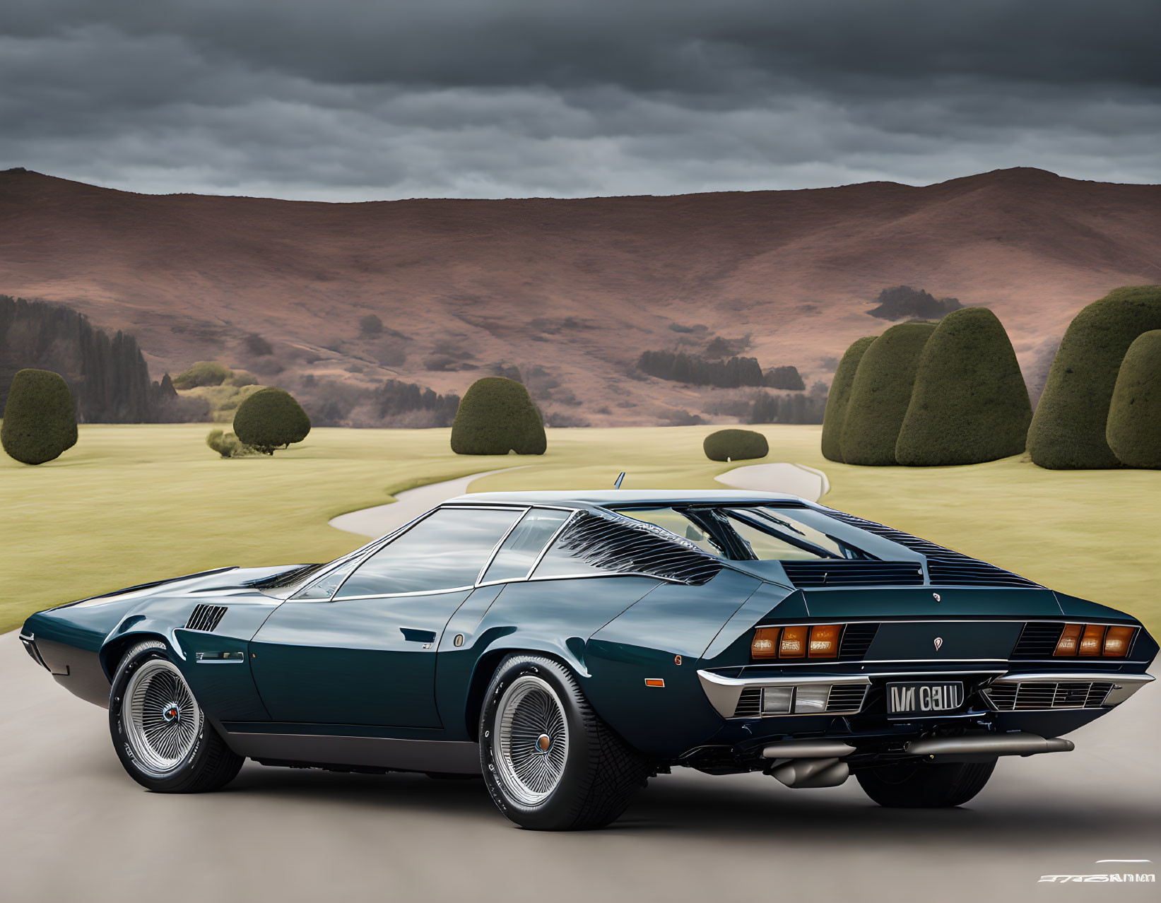 Vintage Blue Sports Car Parked Outdoors with Rolling Hills and Bushes