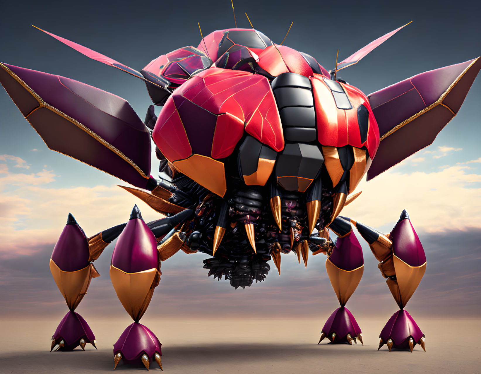 Stylized mechanical bee with vibrant red and purple armor plating