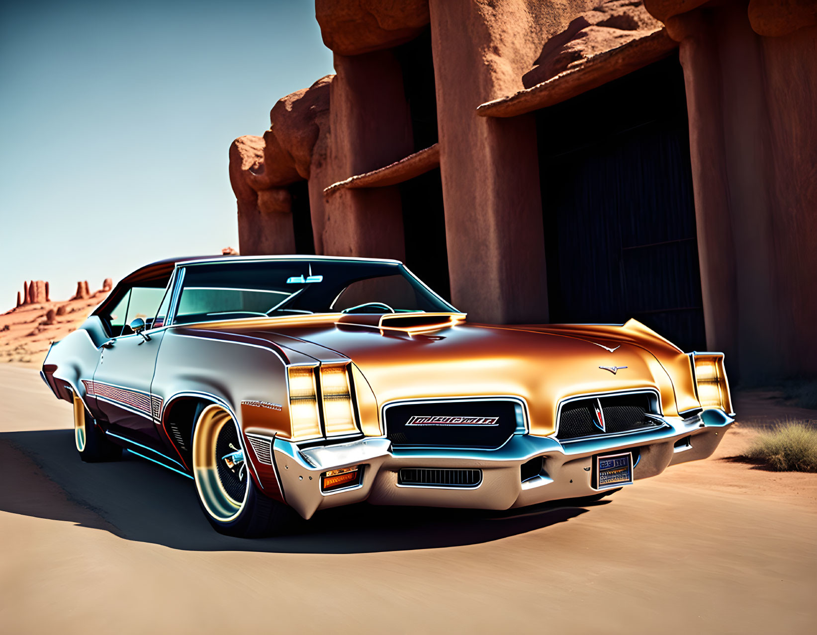 Vintage Car with Chrome Accents in Desert Canyon Landscape