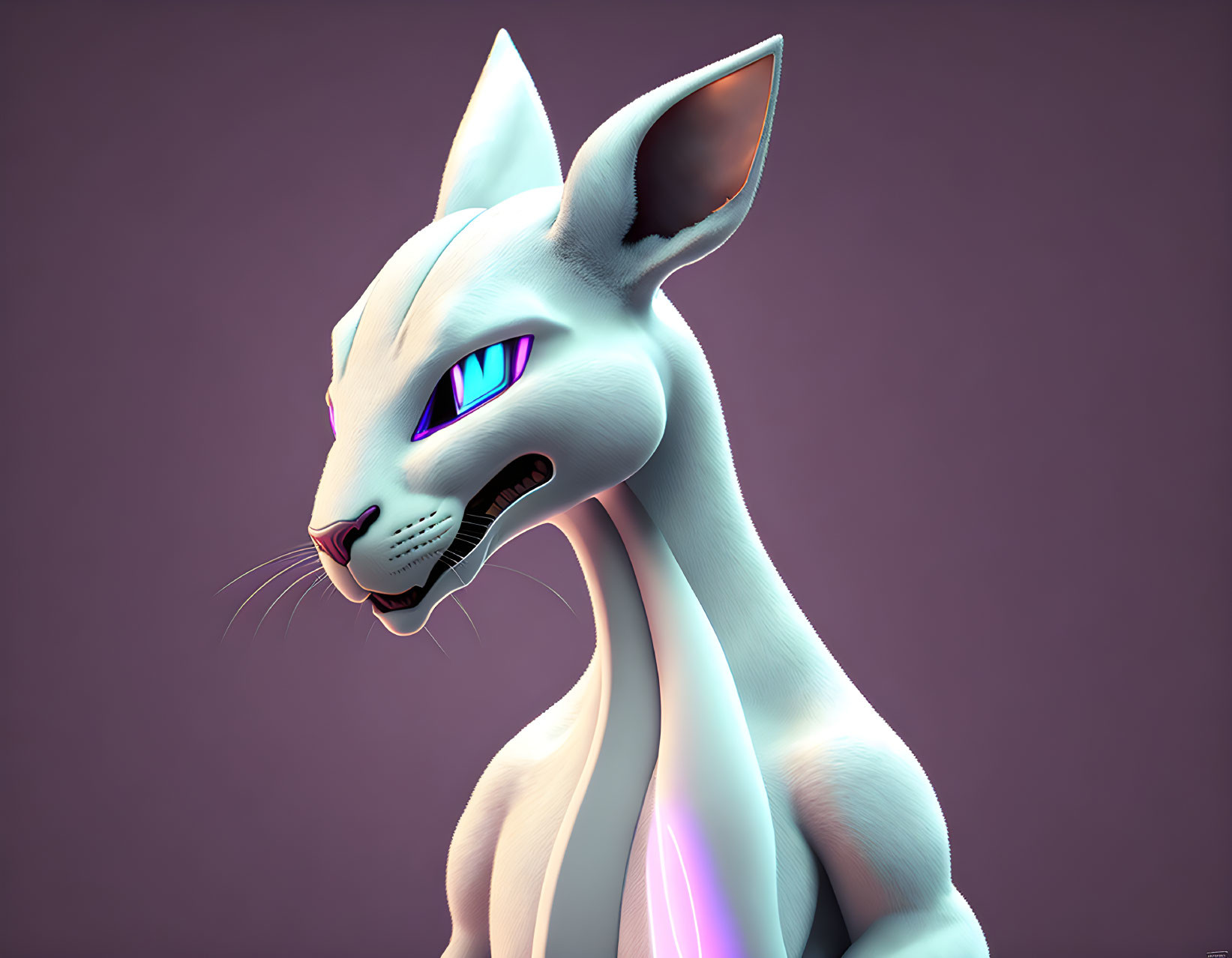 Futuristic white cat 3D illustration with neon blue eyes on purple background