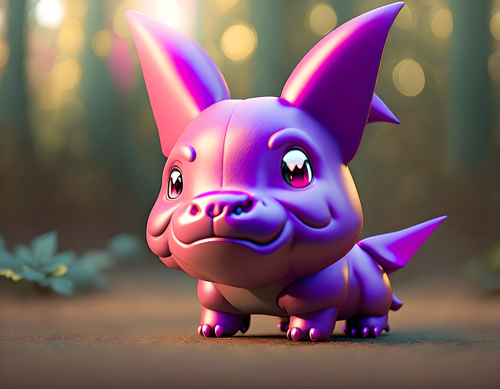 Colorful 3D illustration: Cute chubby creature in whimsical forest
